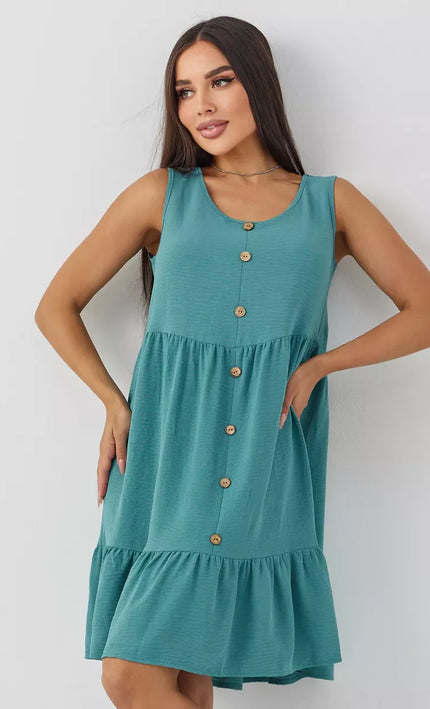 Robe Vert Boutonnée Volants Sans Manches Col V - vert bohème femme été 2026 KOELEX