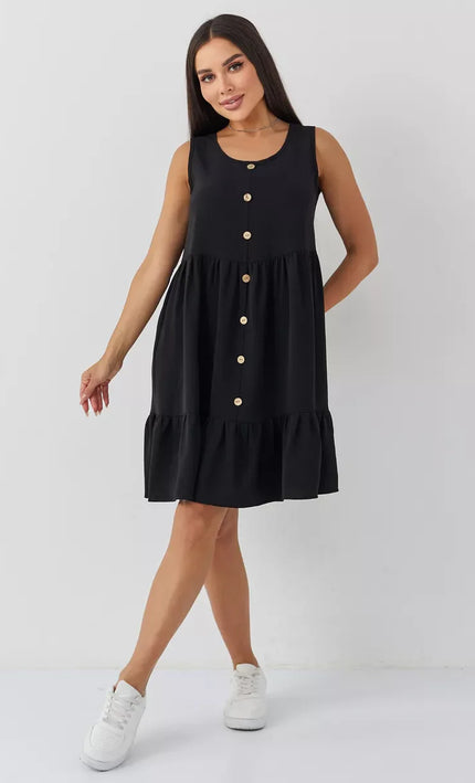 Robe Noir Boutonnee Volants Sans Manches Col V - Noir