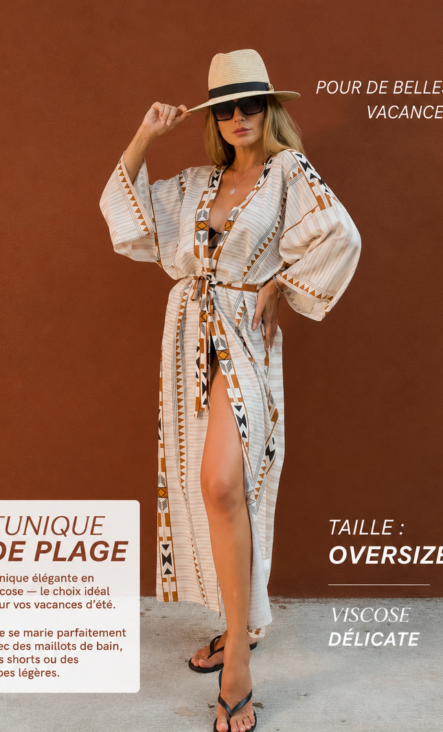 Kimono Long Imprimé Aztèque Géométrique Manches Larges Ceinture | Style Bohème Femme | KOELEX