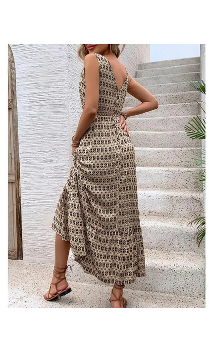 Robe Midi Trapèze Imprimé Géométrique Col V Taille Haute | Style Bohème Femme | KOELEX
