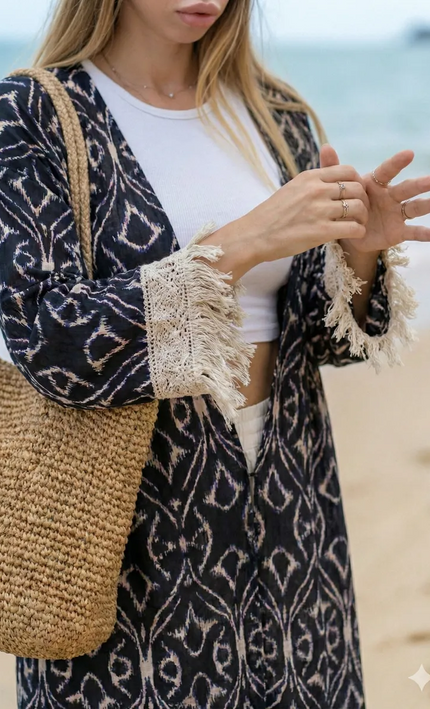 Kimono long ikat oriental franges crochet ceinture Noir & Blanc coton bohème femme KOELEX