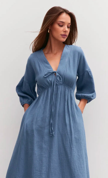 Robe midi col V lacets gaufrée crème bohème femme été casual Lumière Bohème