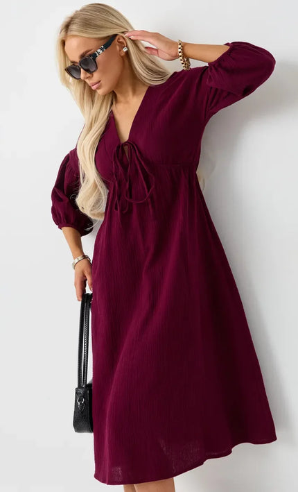 Robe Midi Gaze de Coton Col V Lacet Manches Bouffantes Fluide - Bordeaux