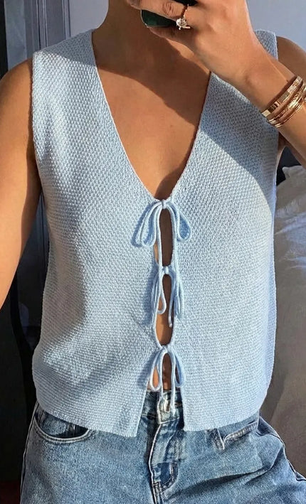 Top crochet lacets nœuds sans manches Bleu bohème femme vacances été Lumière Bohème