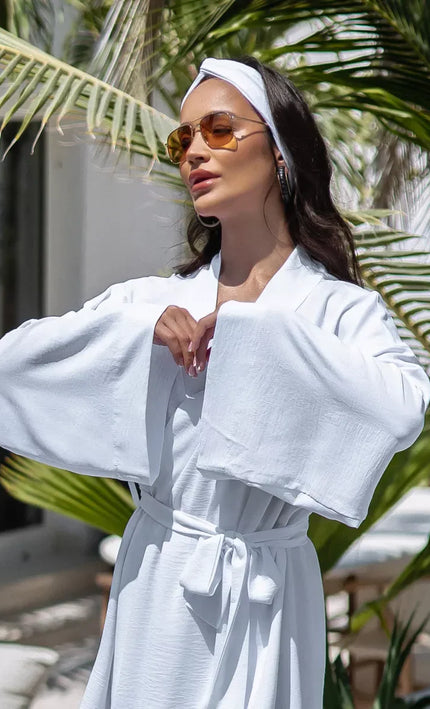 Kimono court blanc texturé gaufré manches larges ceinture bohème chic femme maison plage KOELEX