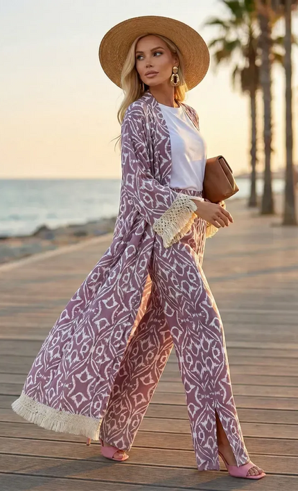Kimono Long Ikat Oriental Franges Crochet - Rose Poudré bohème femme plage soirée koelex 