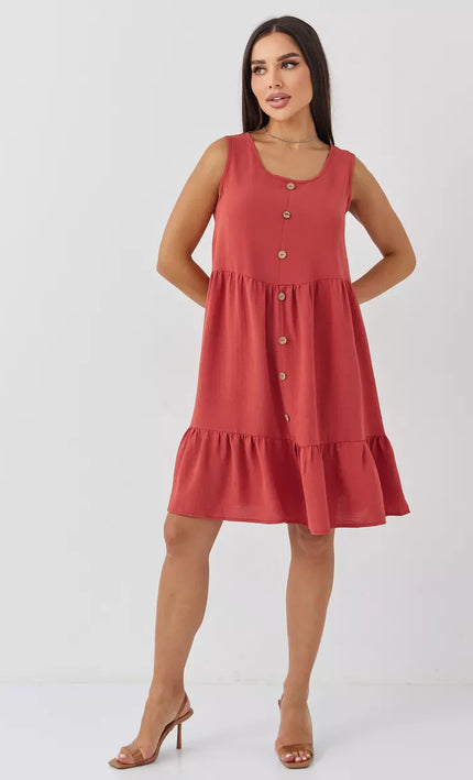 Robe Rouge Boutonnée Volants Sans Manches Col V - rouge bohème femme été 2026 KOELEX