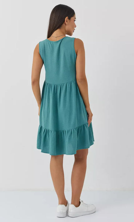 Robe Vert Boutonnée Volants Sans Manches Col V - vert bohème femme été 2026 KOELEX