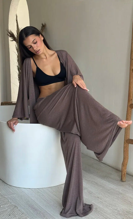 Ensemble 3 en 1 kimono pantalon large texturé brillant ceinture blanc bohème femme maison plage koelex 
