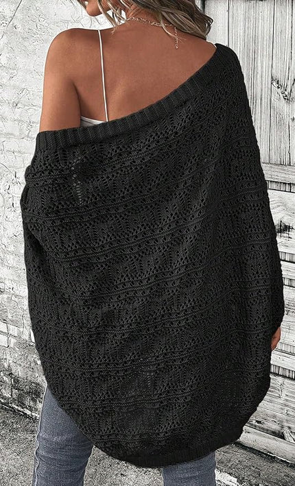 Cardigan Boheme Tricot Crochete Ajoure Manches Chauve-Souris - noir - Lumiere Boheme