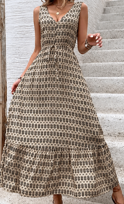 Robe Midi Trapèze Imprimé Géométrique Col V Taille Haute | Style Bohème Femme | KOELEX
