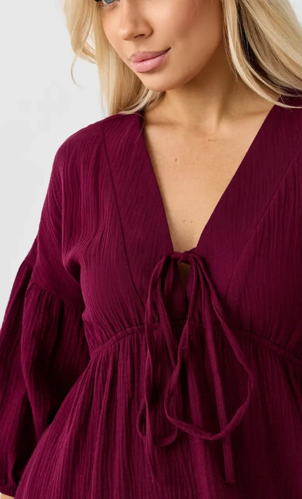 Robe Midi Gaze de Coton Col V Lacet Manches Bouffantes Fluide - Bordeaux