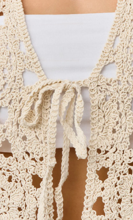 Gilet crochet ajouré floral lacet central beige bohème femme plage festival été Lumière Bohème