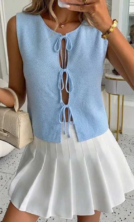 Top crochet lacets nœuds sans manches Bleu bohème femme vacances été Lumière Bohème