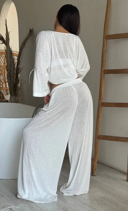 Ensemble 3 en 1 kimono pantalon large texturé brillant ceinture blanc bohème femme maison plage KOELEX
