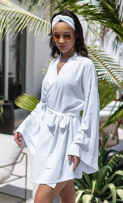 Kimono court blanc texturé gaufré manches larges ceinture bohème chic femme maison plage KOELEX