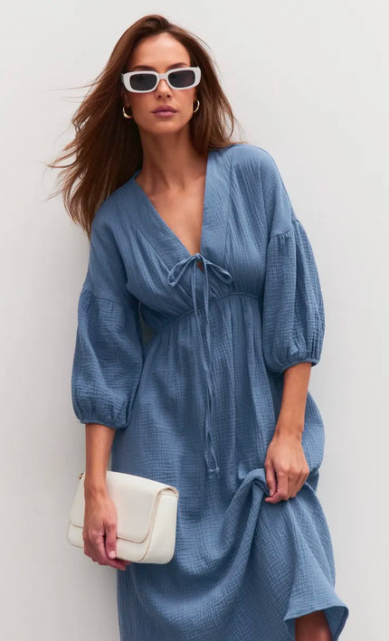 Robe midi col V lacets gaufrée crème bohème femme été casual Lumière Bohème