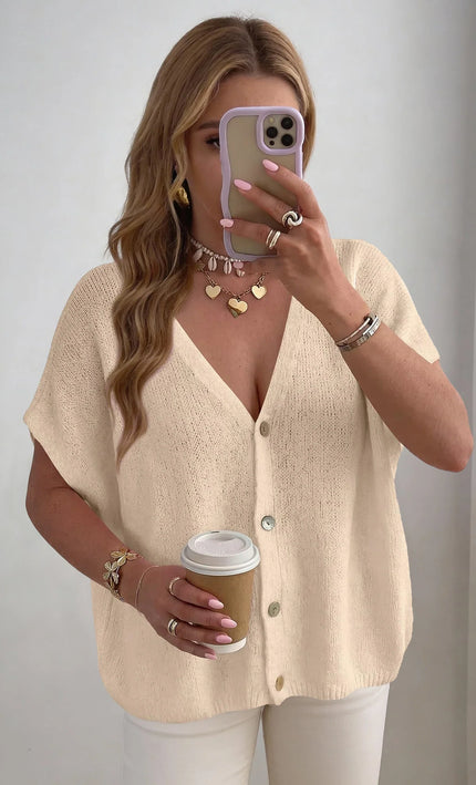 Cardigan oversize col V boutons manches courtes beige bohème femme casual chic Lumière Bohème