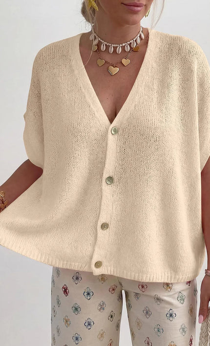 Cardigan oversize col V boutons manches courtes beige bohème femme casual chic Lumière Bohème