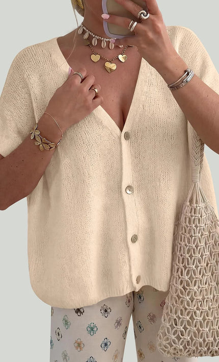 Cardigan oversize col V boutons manches courtes beige bohème femme casual chic Lumière Bohème