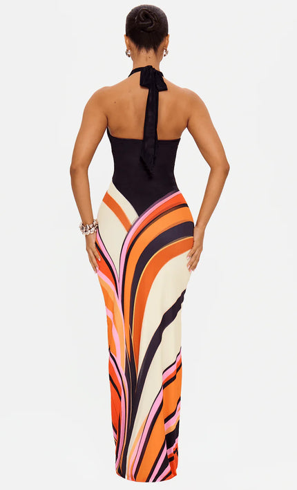Robe longue tourbillon mesh multicolore col halter dos nu femme été Lumière Bohème