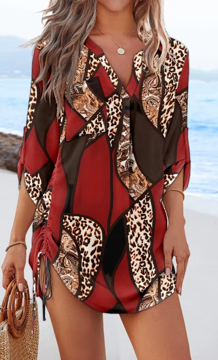 Mini Robe Imprimée Col V Manches 3/4 Cordon - Rouge bohème femme été festival soirée KOELEX