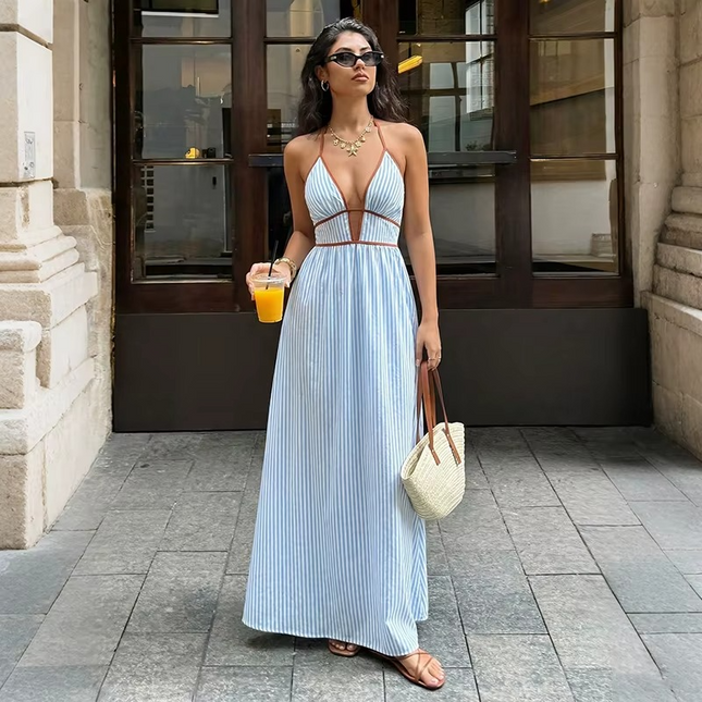 Robe longue bohème bretelles spaghetti beige fluide femme été KOELEX