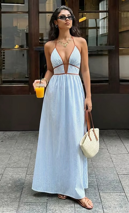 Robe longue bohème bretelles spaghetti beige fluide femme été KOELEX