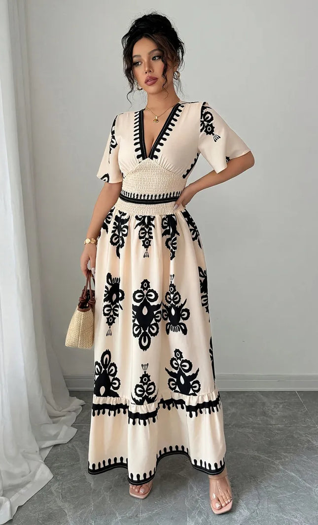 Robe longue col V imprimé baroque vintage smockée manches courtes beige noir bohème femme KOELEX