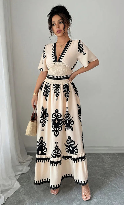 Robe longue col V imprimé baroque vintage smockée manches courtes beige noir bohème femme KOELEX