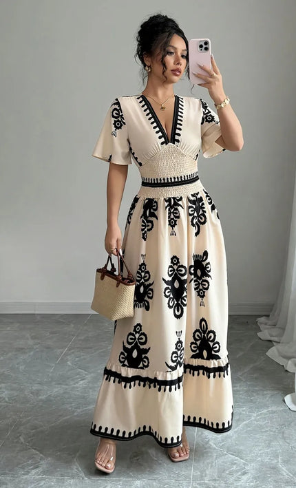 Robe longue col V imprimé baroque vintage smockée manches courtes beige noir bohème femme KOELEX