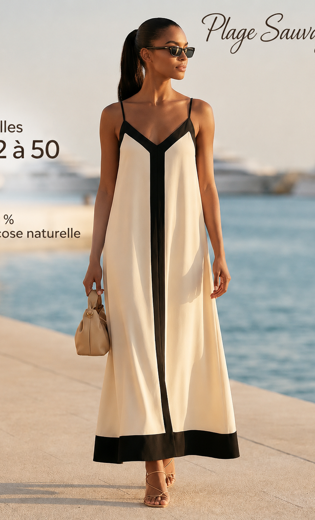 Robe maxi bretelles fines col V fluide bordures contrastées crème noir bohème femme plage KOELEX