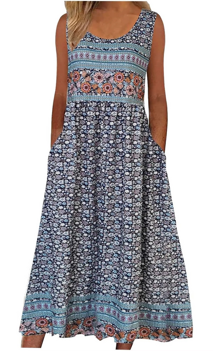 Robe midi fleurie poches sans manches bohème femme été KOELEX