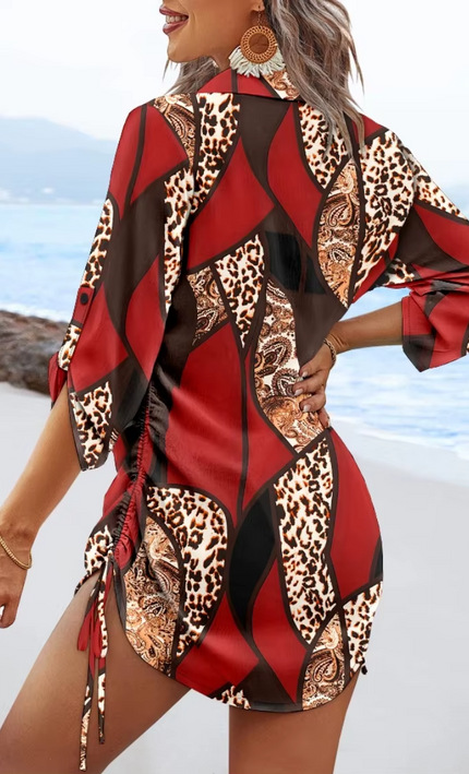 Mini Robe Imprimée Col V Manches 3/4 Cordon - Rouge bohème femme été festival soirée KOELEX
