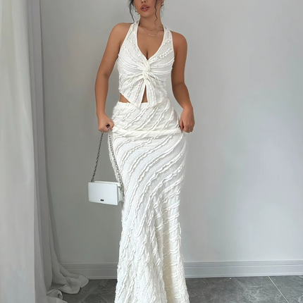 Ensemble 2 Pièces Premium Haut Col V Noué Jupe Longue - Blanc bohème femme été festival KOELEX