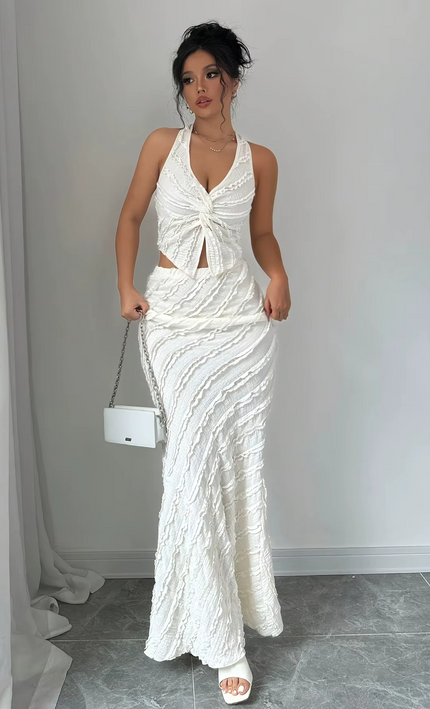 Ensemble 2 Pièces Premium Haut Col V Noué Jupe Longue - Blanc bohème femme été festival KOELEX