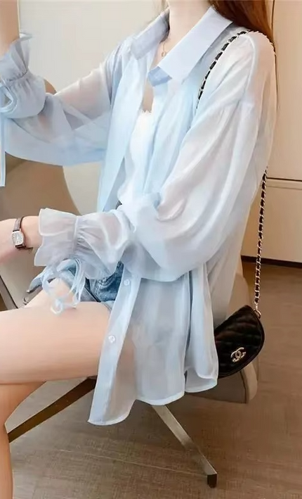 Chemise Mousseline Transparente Boutonnée Manches Volantées - Bleu Ciel bohème femme été casual KOELEX