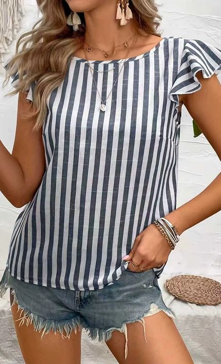 Top Chemise Rayé Manches Volantées Bouton Dos - Marine bohème femme été casual KOELEX