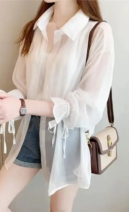 Chemise Mousseline Transparente Boutonnée Manches Volantées - Rose Poudré bohème femme été casual KOELEX