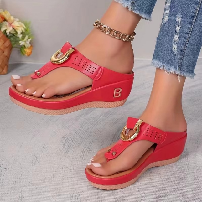 Sandales Compensees Femme Tong Anneau Dore Bout Ouvert | Style Bohème Femme | KOELEX