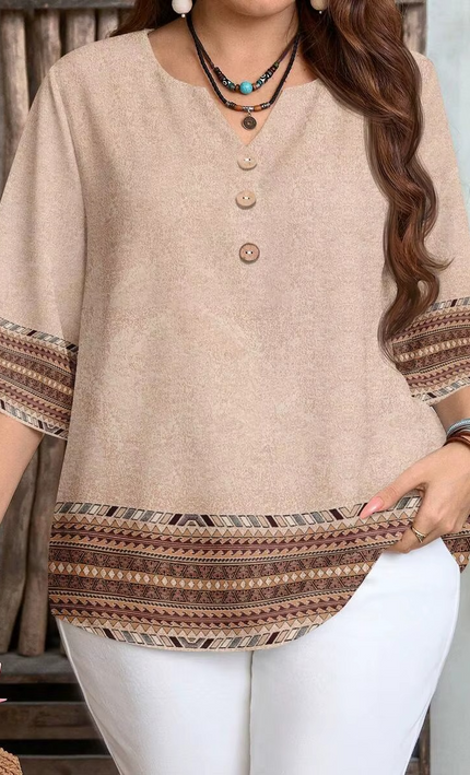 Chemise Bohème Ethnique Manches Courtes Boutons - Kaki bohème femme été casual KOELEX