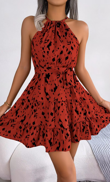 Mini Robe Volants Imprimé Léopard Col Licou - Rouge bohème femme été festival soirée KOELEX
