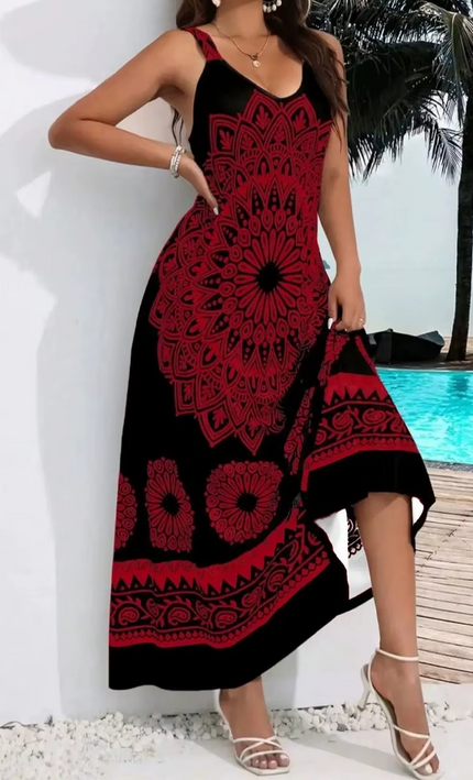Robe Longue Bohème Mandala Bretelles Dos Nu - Rouge bohème femme été plage mariage KOELEX