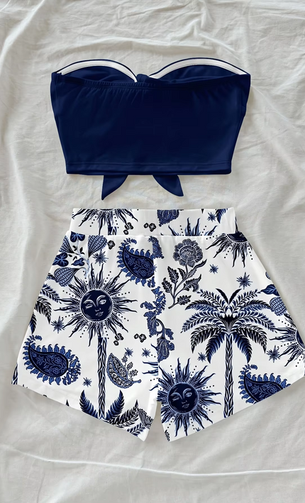 Ensemble 2 Pièces Top Bandeau Short Imprimé Cocotier - Bleu Marine bohème femme été festival KOELEX