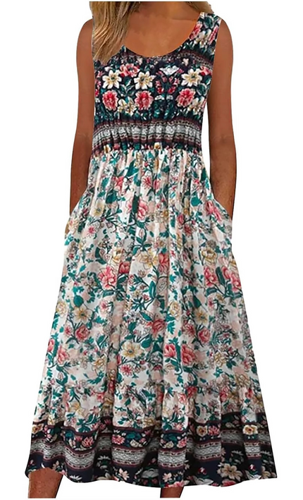 Robe Midi Bohème Fleurie Sans Manches avec Poches