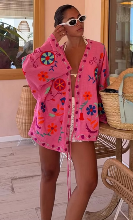 Kimono Cardigan Bohème Floral Folk Cordon Taille - Rose bohème femme plage soirée KOELEX