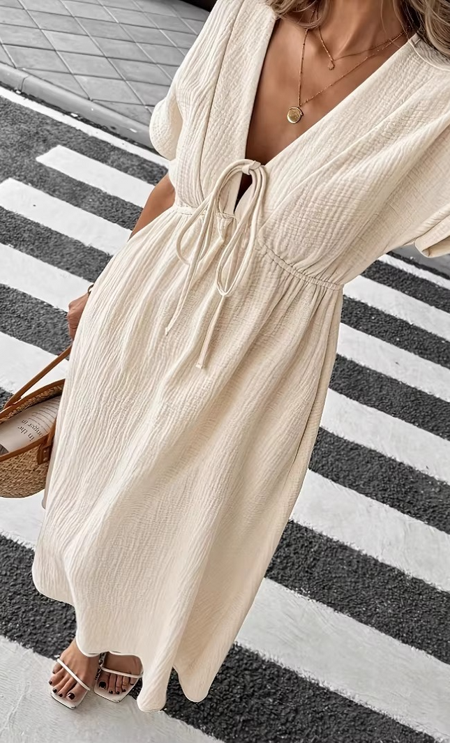 Robe midi col V lacets gaufrée crème bohème femme été casual KOELEX