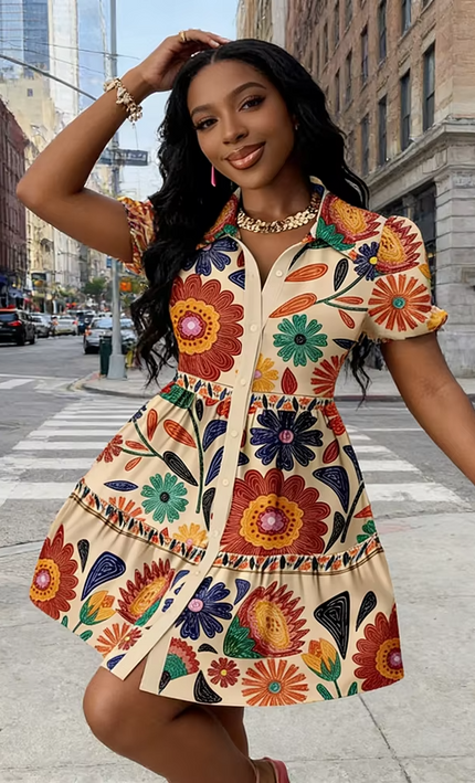 Mini Robe Florale Folk Manches Bouffantes Volants - Multicolore bohème femme été festival soirée KOELEX
 