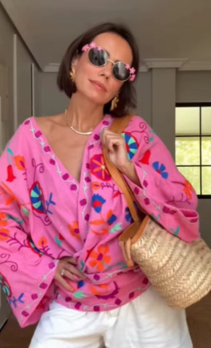 Kimono Cardigan Bohème Floral Folk Cordon Taille - Rose bohème femme plage soirée KOELEX