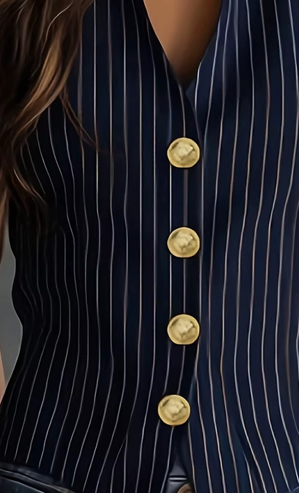 Gilet Tailleur Rayures Verticales Boutons Dorés - Marine bohème femme été 2026 KOELEX